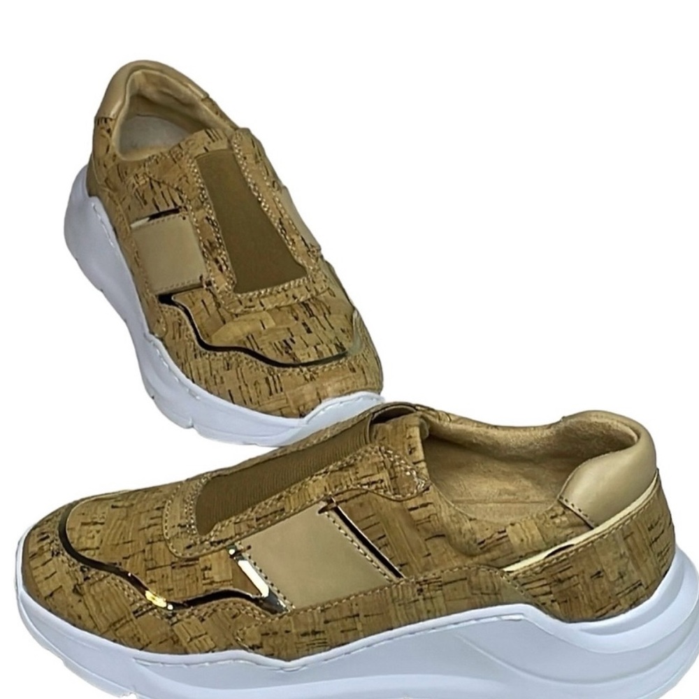 Nordstrom Tan and White Slip-On Sneakers with Velcro Closure